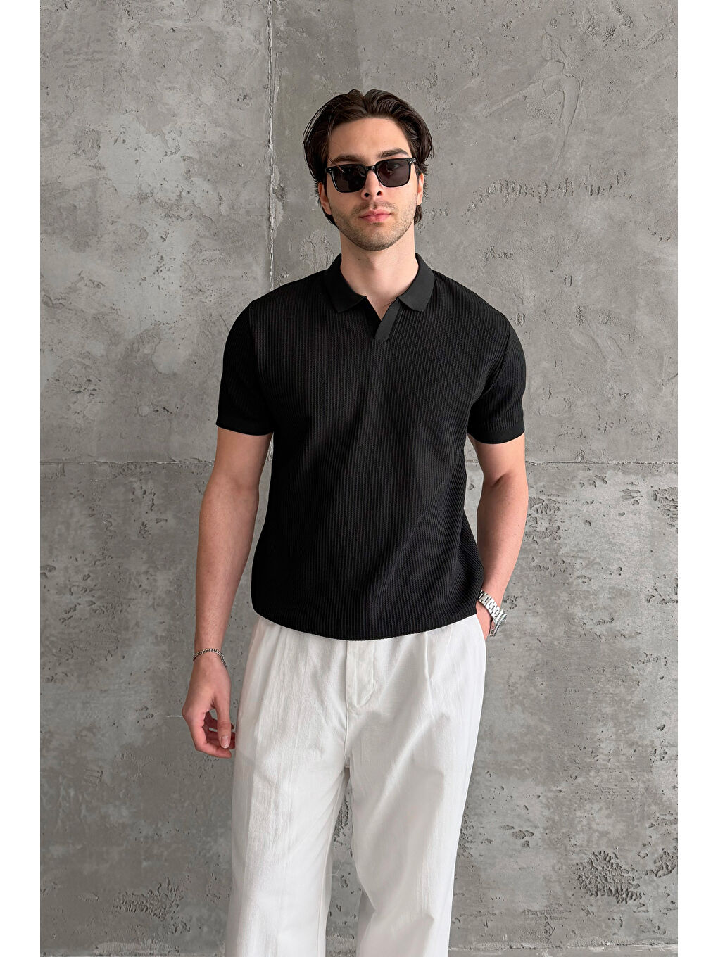 Siyah Erkek Petek Desen Polo Yaka Triko T-shirt-2