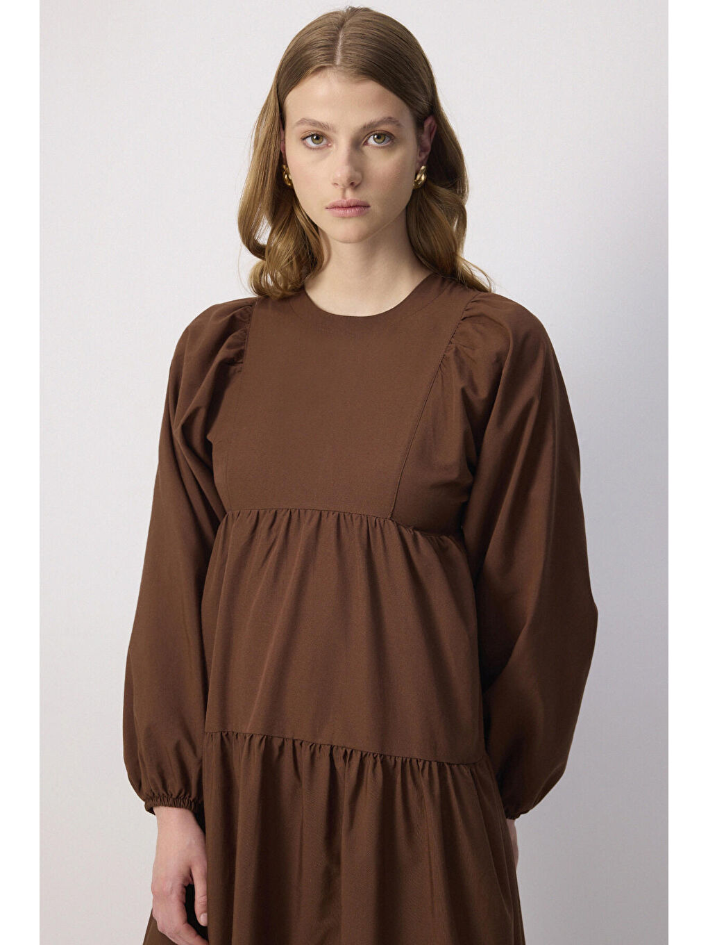 Kahverengi %100 Keten Büzgülü Elbise-1