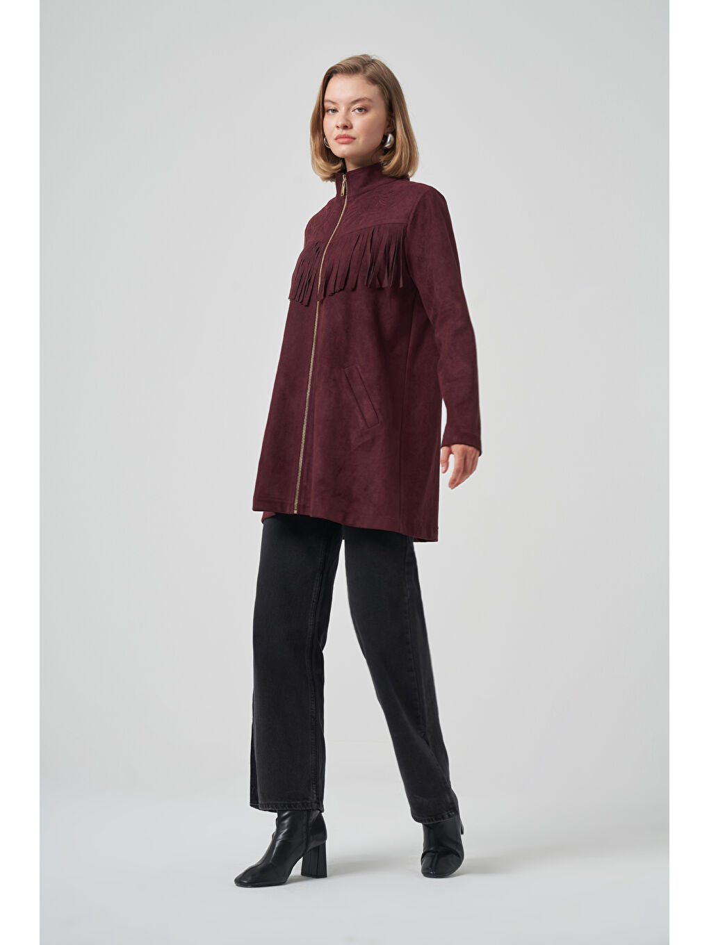 Püskül ve İşleme Detay Süet Ceket 6028 Mürdüm-2