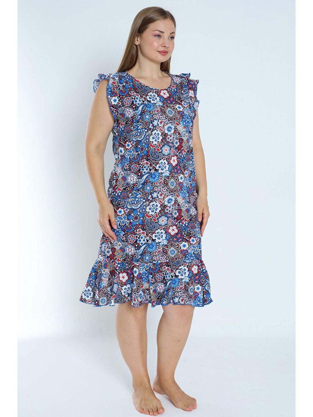 Karışık Kadın Büyük Beden Desenli %100 Pamuk Cepli Kolu Ve Eteği Fırfırlı Elbise-3