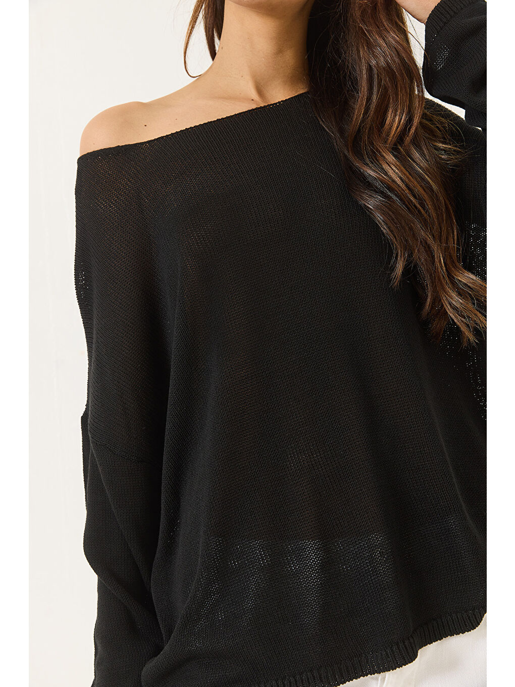 Siyah Kadın Kayık Yaka Triko Merserize Basic Bluz-4