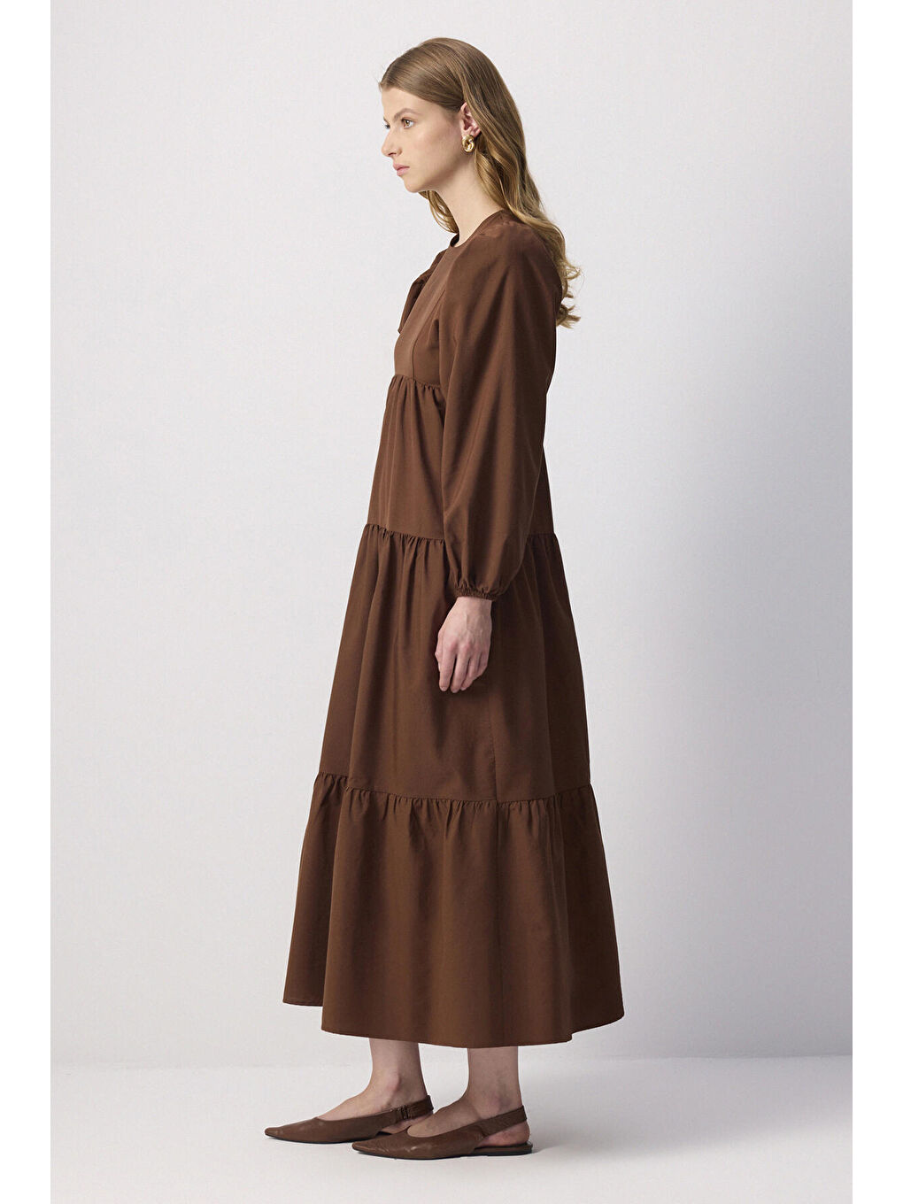 Kahverengi %100 Keten Büzgülü Elbise-2
