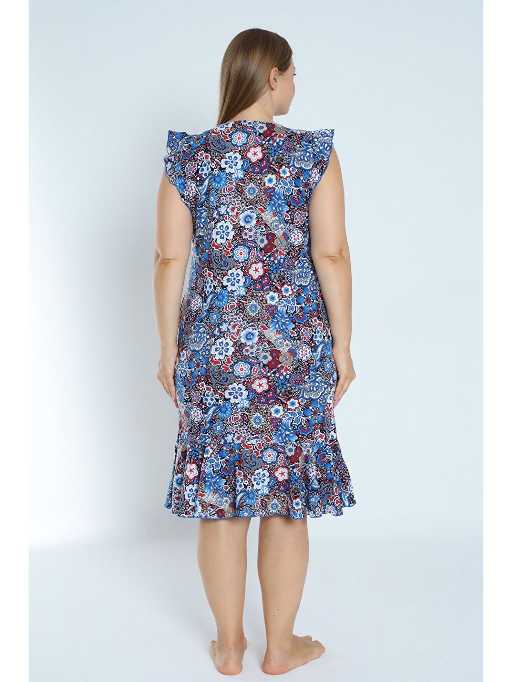 Karışık Kadın Büyük Beden Desenli %100 Pamuk Cepli Kolu Ve Eteği Fırfırlı Elbise-4