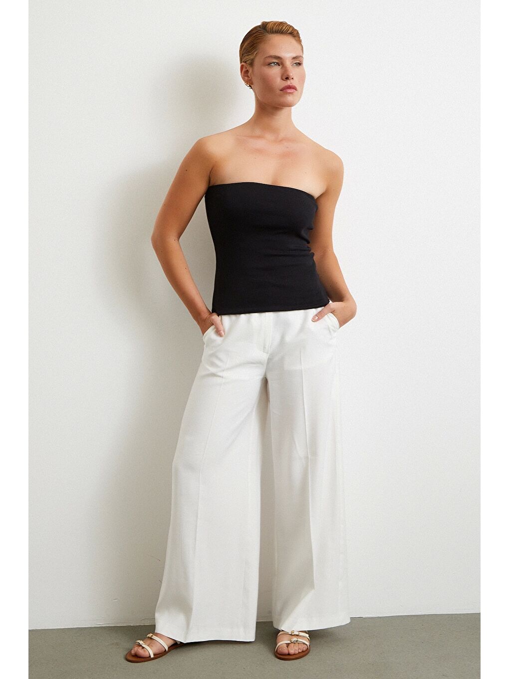 Geniş Paça Palazzo Pantolon Ekru-1