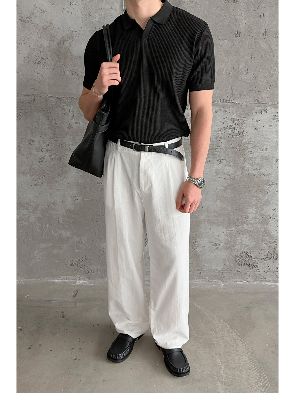 Siyah Erkek Petek Desen Polo Yaka Triko T-shirt-3
