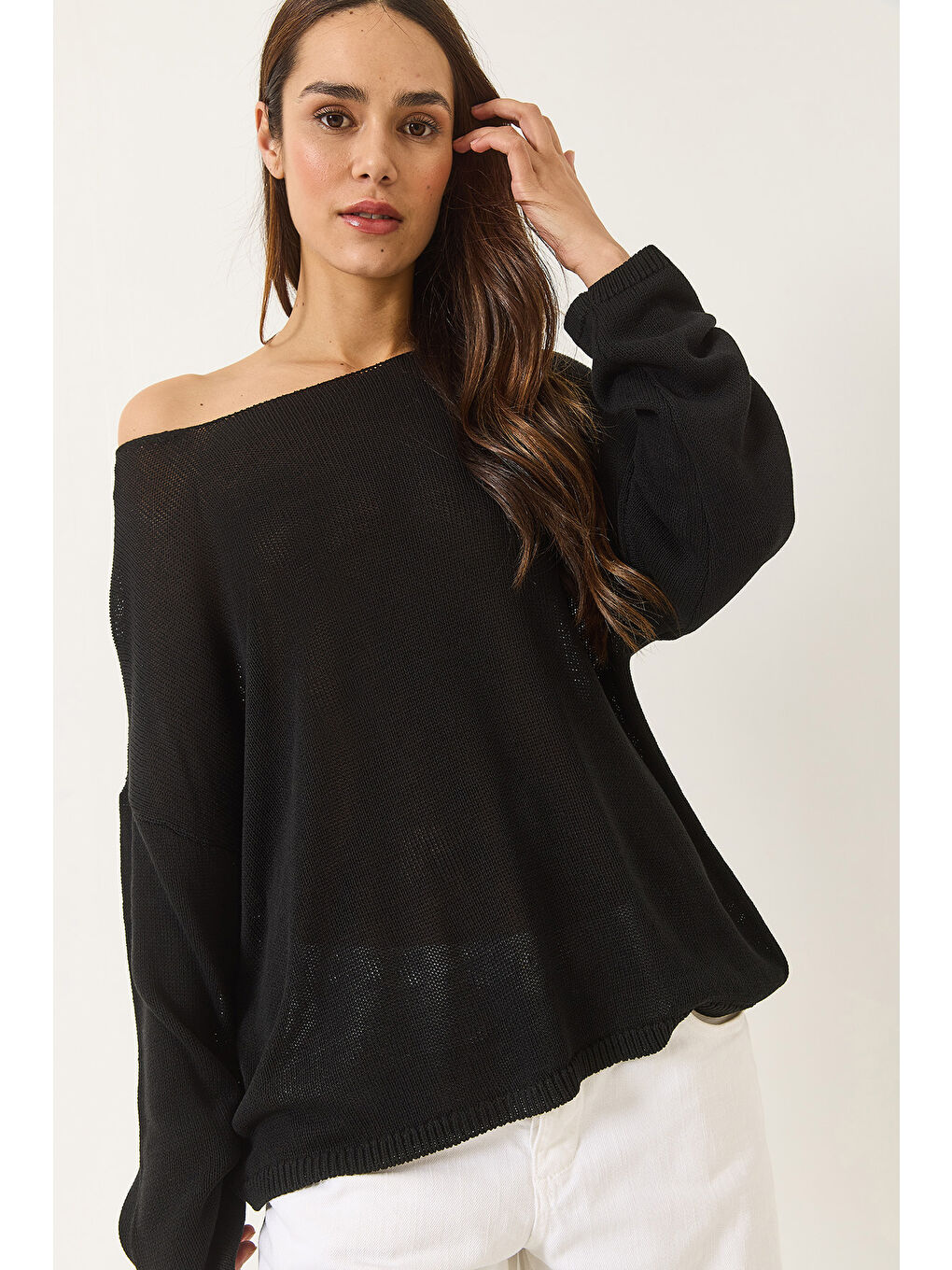 Siyah Kadın Kayık Yaka Triko Merserize Basic Bluz-5