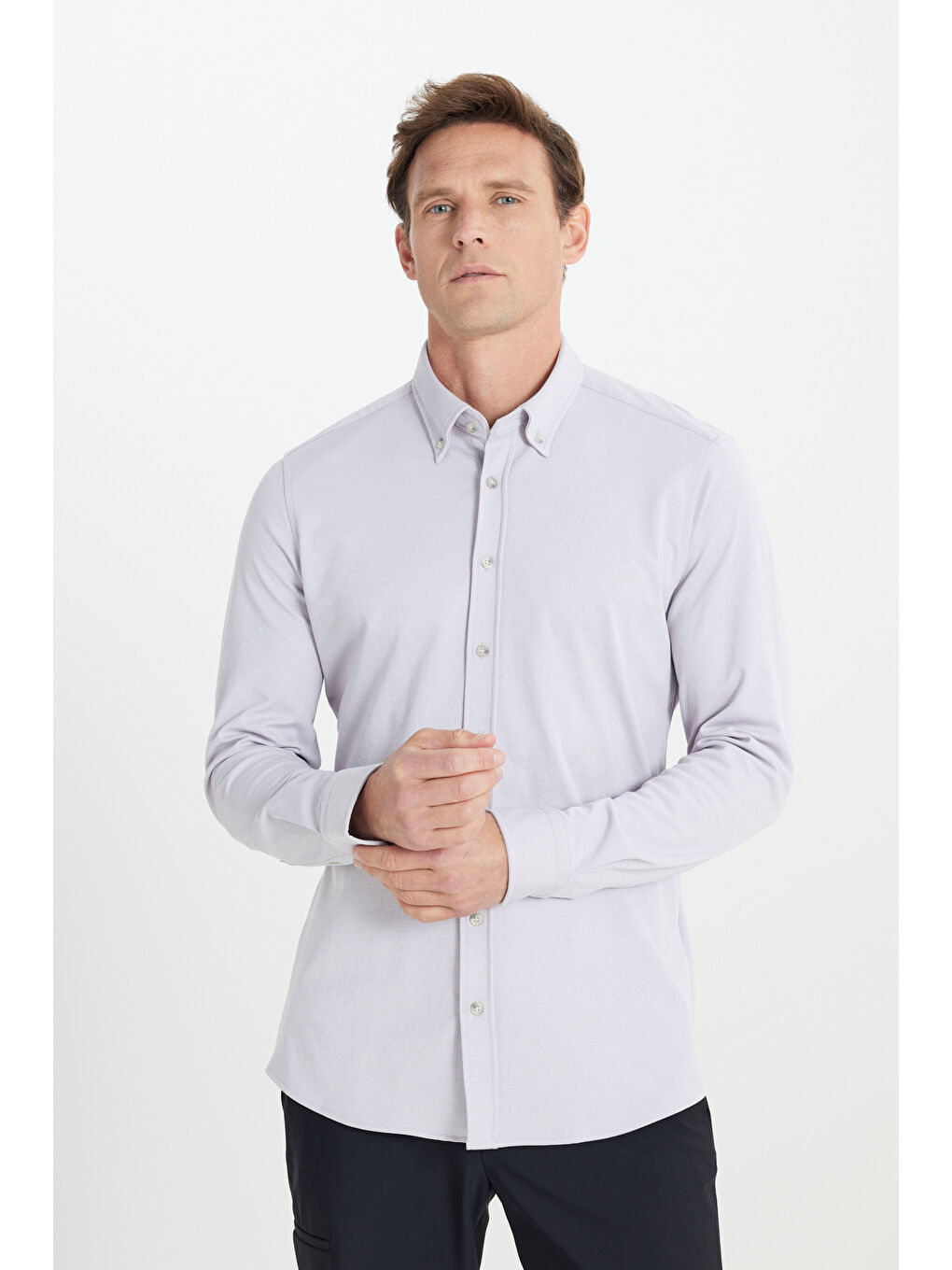 Erkek Gri Comfort Fit Rahat Kesim Düğmeli Yaka Pamuklu Gömlek-2