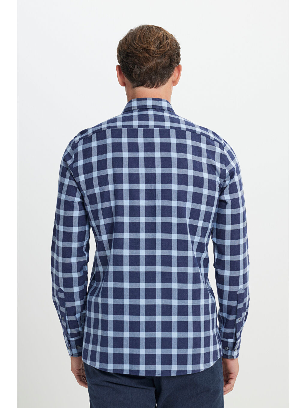 Erkek Lacivert-Mavi %100 Pamuk Oxford Slim Fit Dar Kesim Desenli Gömlek-4