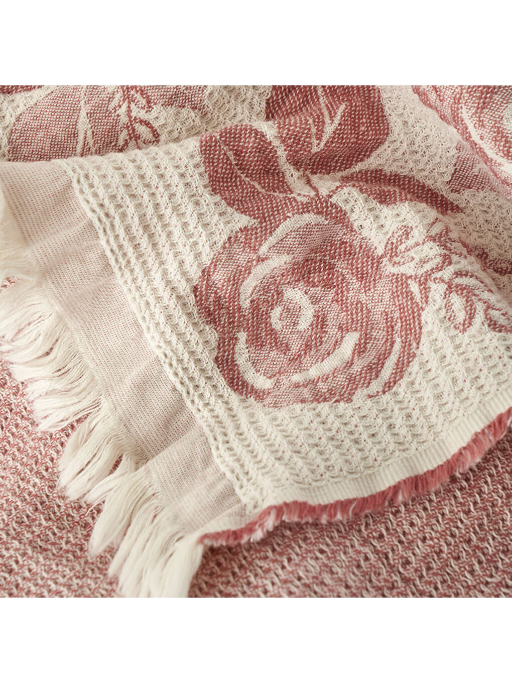 Ekru %100 Pamuk Rose Jakarlı Çift Kişilik Yatak Örtüsü Seti Krem (240x260 cm)-3