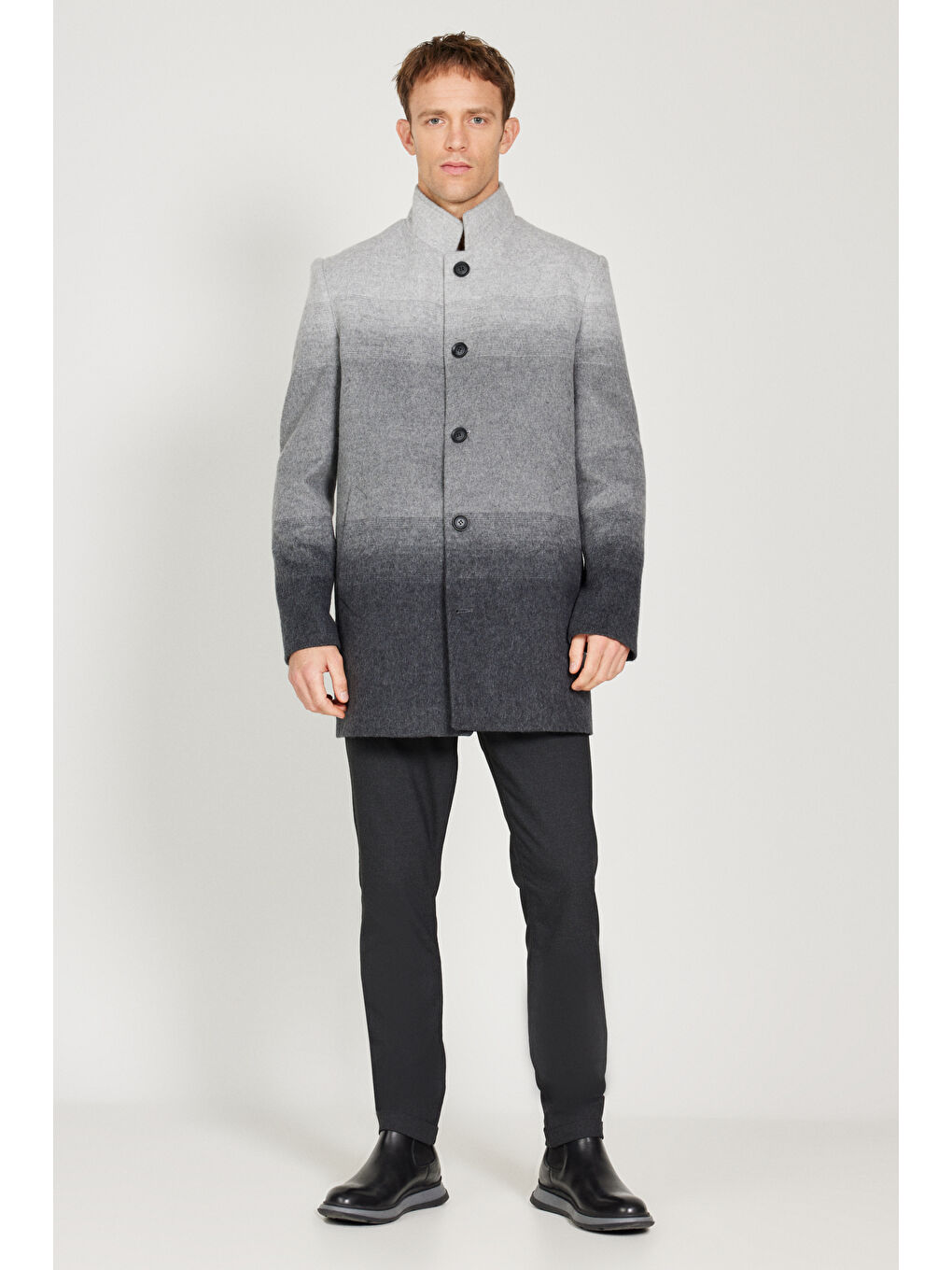 Erkek Gri Standart Fit Normal Kesim Dik Yaka Desenli Palto-5