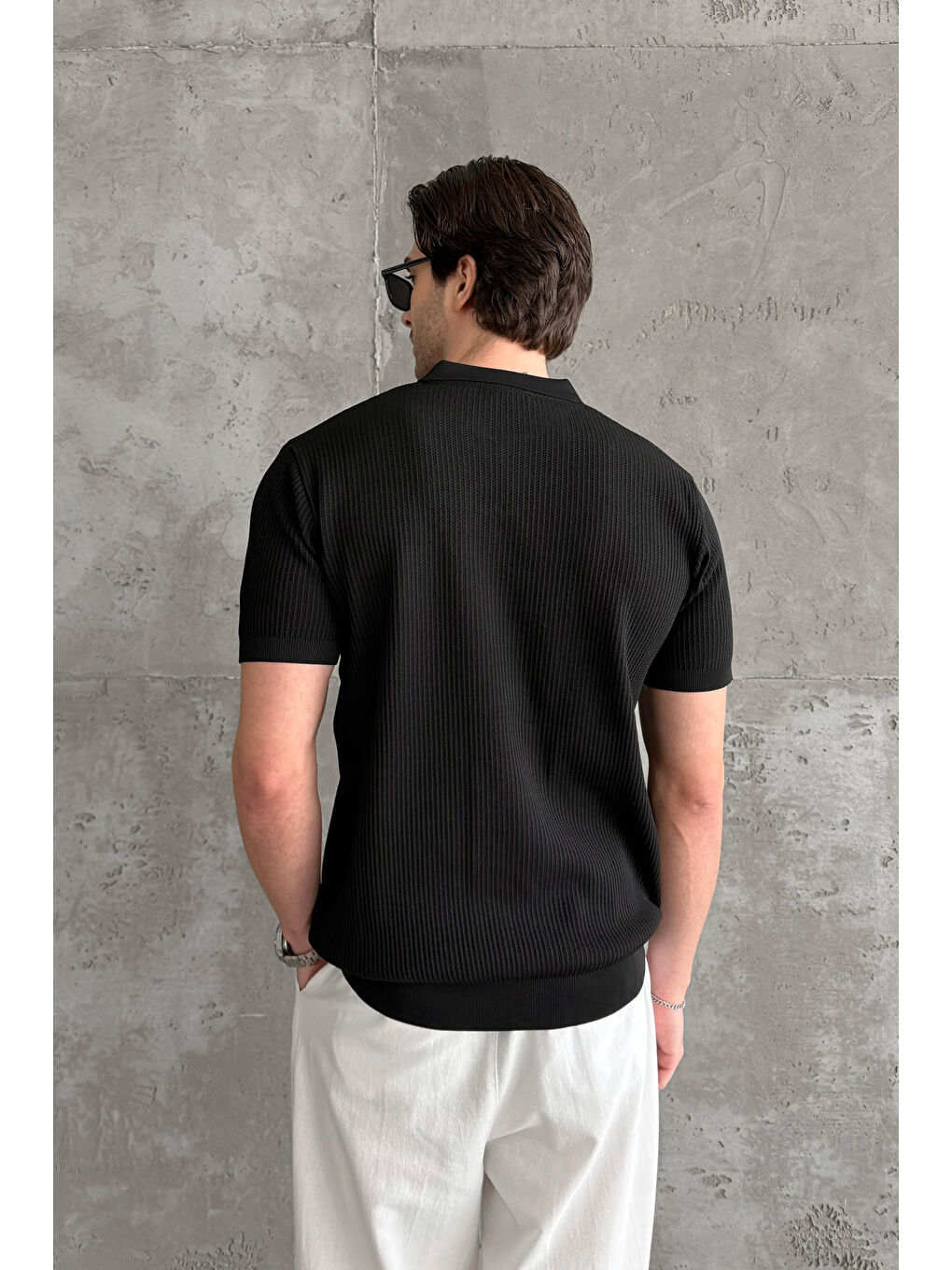 Siyah Erkek Petek Desen Polo Yaka Triko T-shirt-4