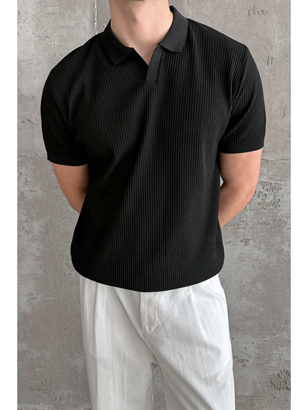 Siyah Erkek Petek Desen Polo Yaka Triko T-shirt-5