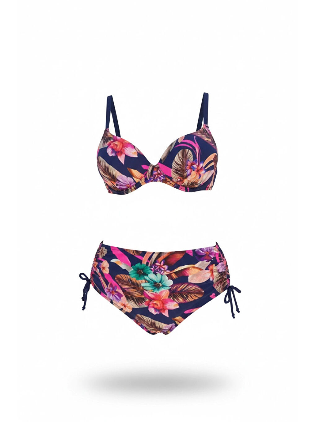 Kadın Lacivert Yaprak Desenli Yüksek Bel Büyük Beden Bikini Takım HZL24S-LC22625