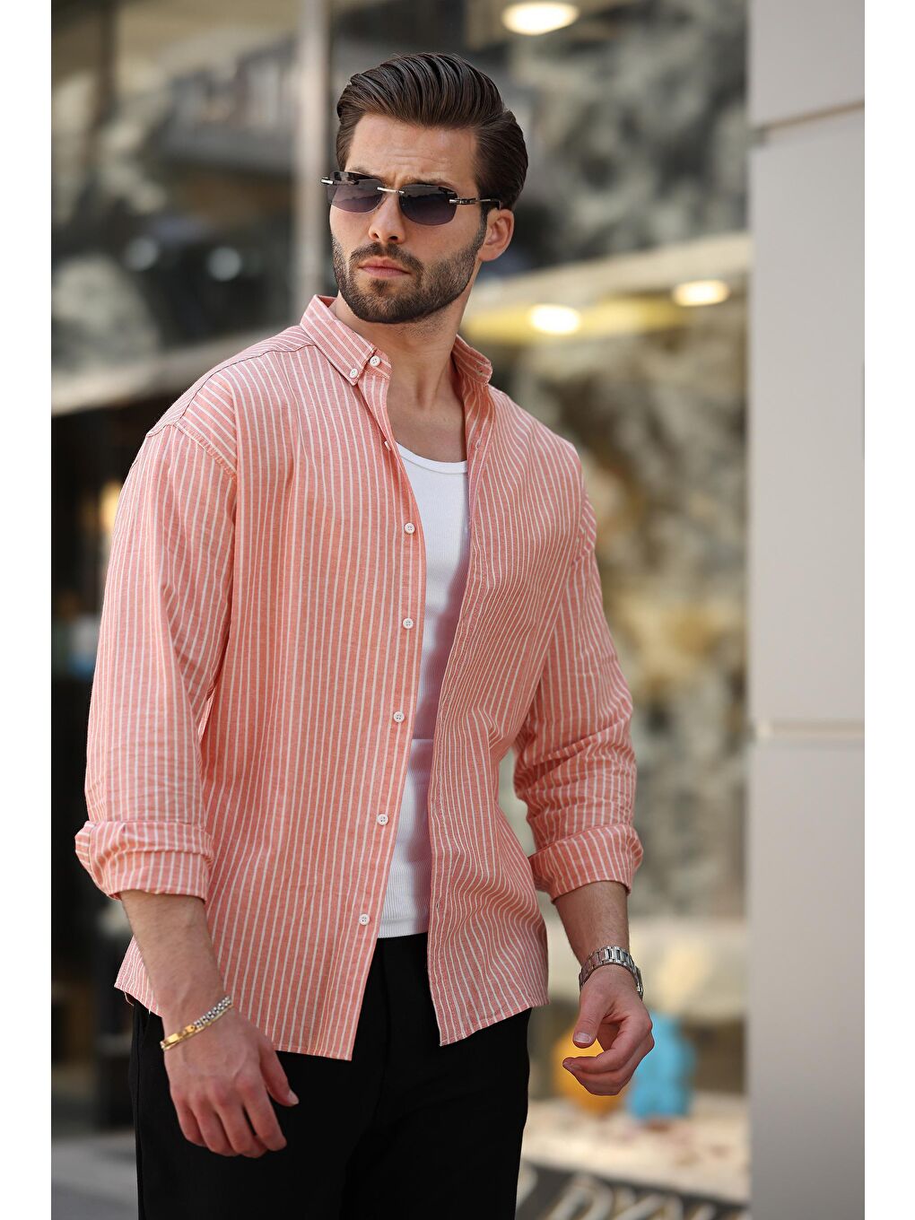 Turuncu Çizgili Uzun Kollu Pamuklu Erkek Gömlek 6746-2