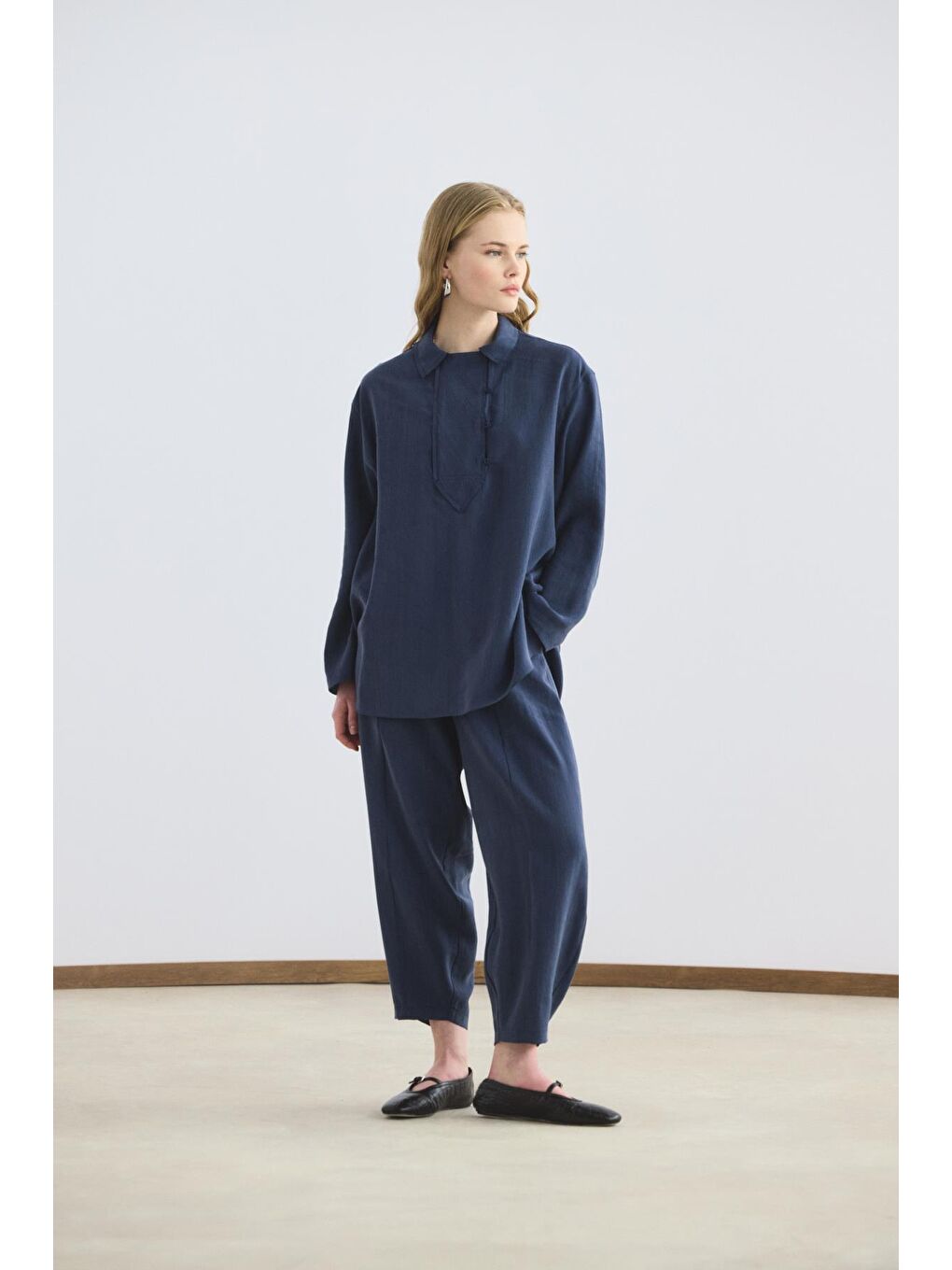 Yaka Detaylı Tunik Pantolon Takım Lacivert-3