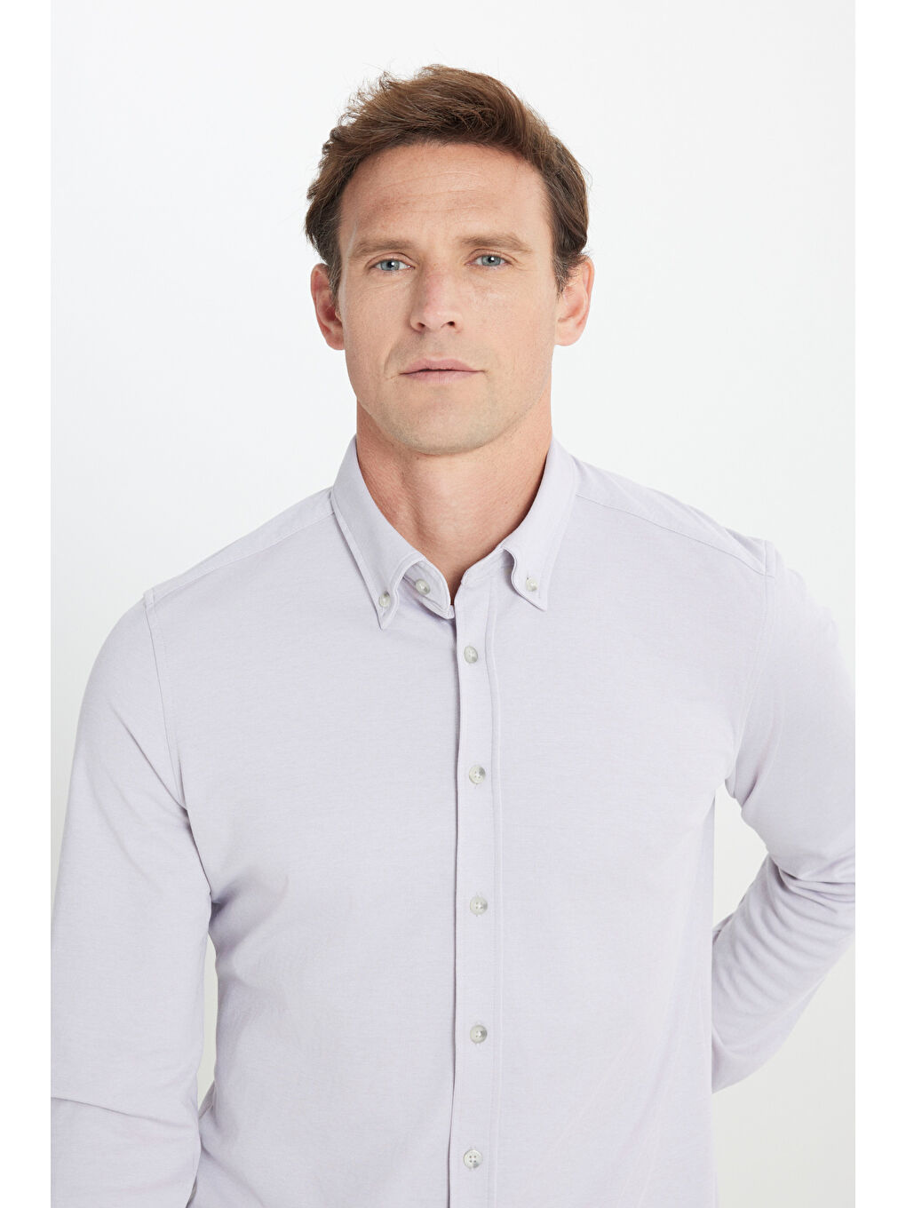 Erkek Gri Comfort Fit Rahat Kesim Düğmeli Yaka Pamuklu Gömlek-3