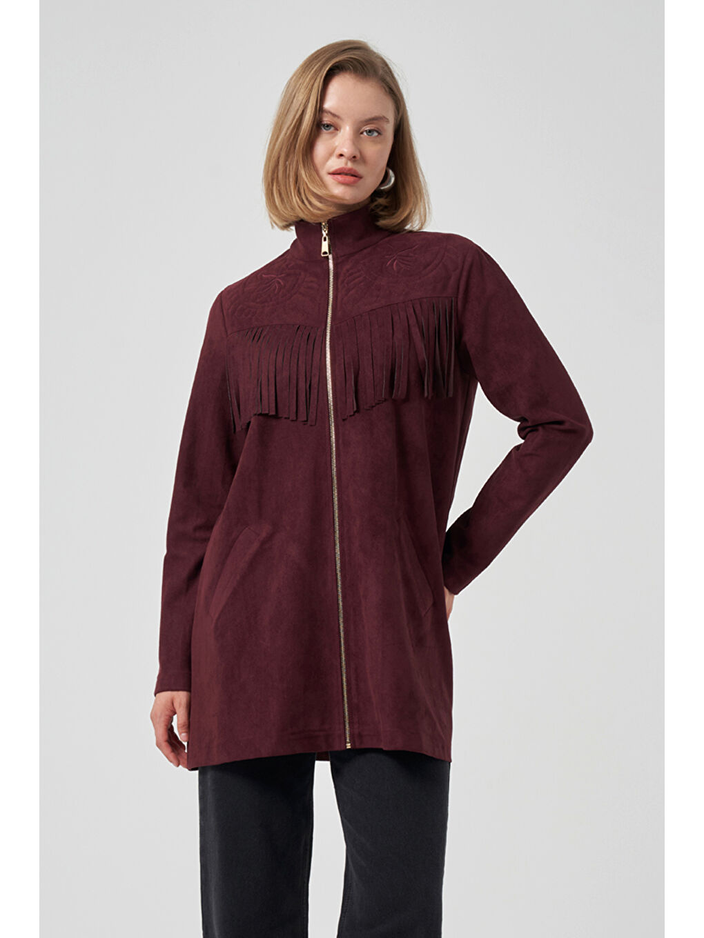 Püskül ve İşleme Detay Süet Ceket 6028 Mürdüm-4