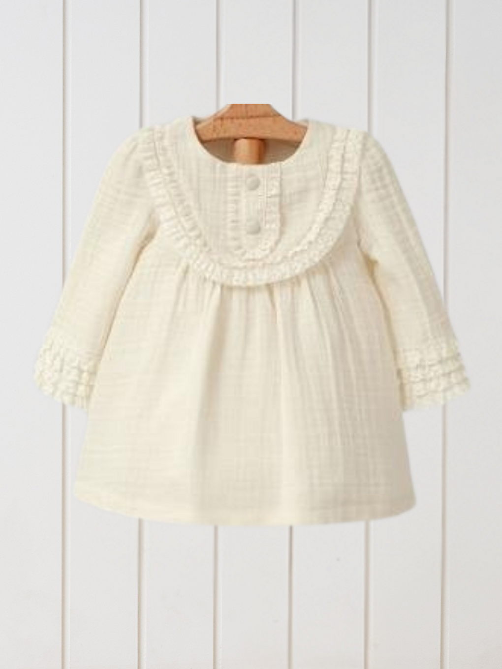 Bej Bisiklet Yaka Uzun Kollu Dantel Detaylı Kız Bebek Müslin Elbise