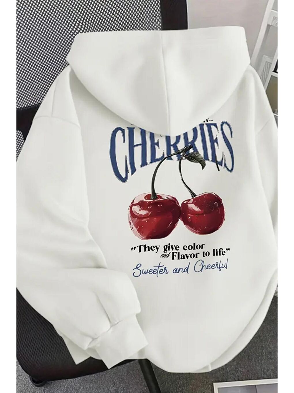 Beyaz Flavor Cherris Sırt Baskılı İçi Pamuklu Unisex Sweatshirt