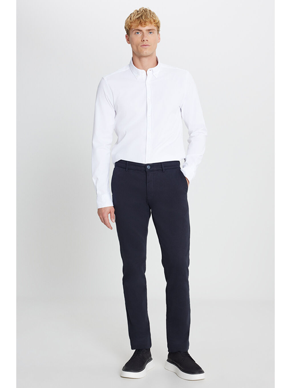 Erkek Lacivert Pamuklu Slim Fit Dar Kesim Yan Cep Casual Pantolon-1