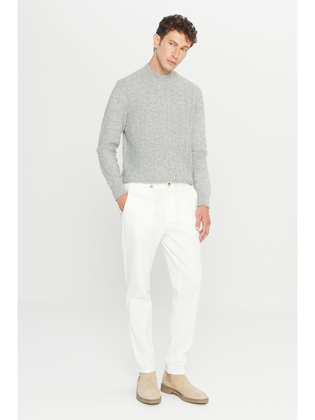 Erkek Ekru Pamuklu Slim Fit Dar Kesim Yan Cepli Casual Esnek Pantolon-2