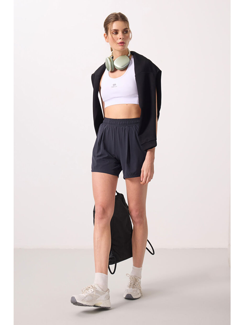 Antrasit Polyester Gizli Cep Fermuarlı Rahat Form Kadın Şort - 91014-1