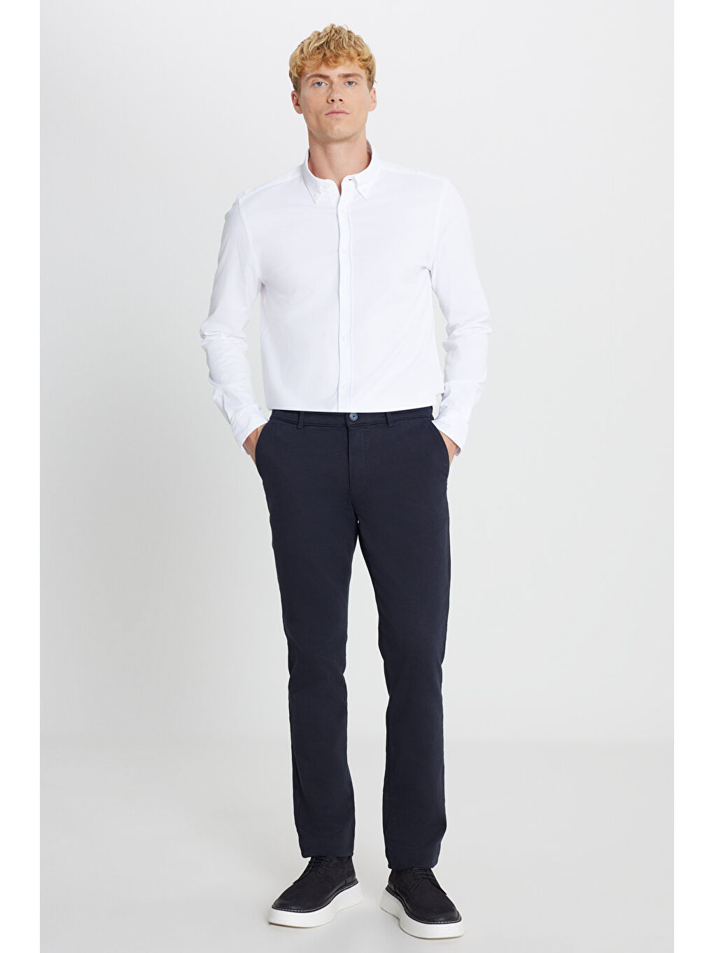 Erkek Lacivert Pamuklu Slim Fit Dar Kesim Yan Cep Casual Pantolon-2