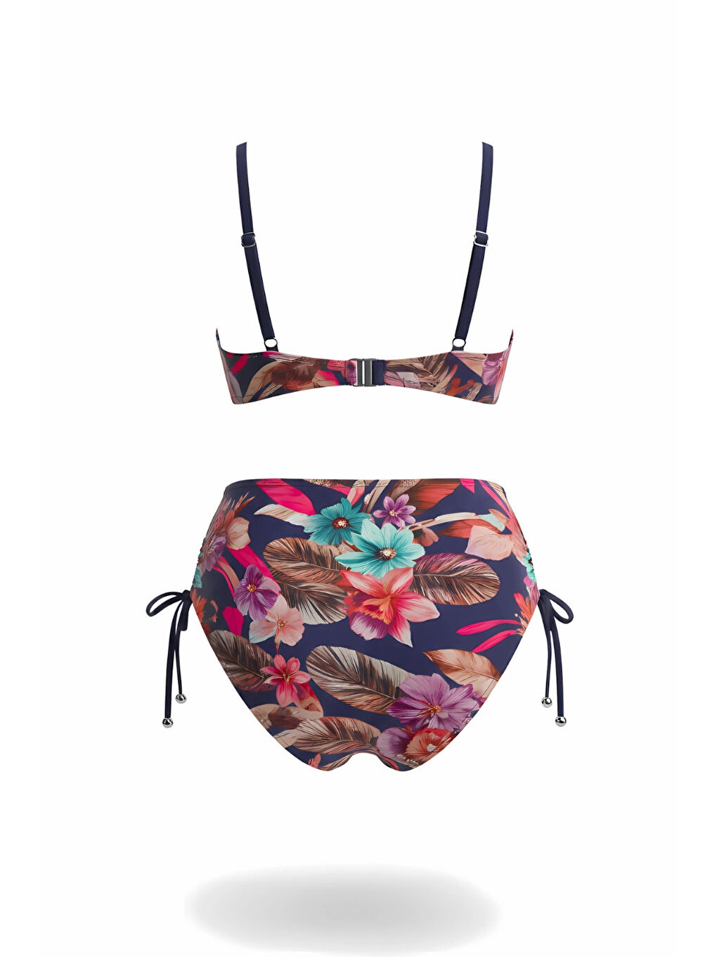 Kadın Lacivert Yaprak Desenli Yüksek Bel Büyük Beden Bikini Takım HZL24S-LC22625-1