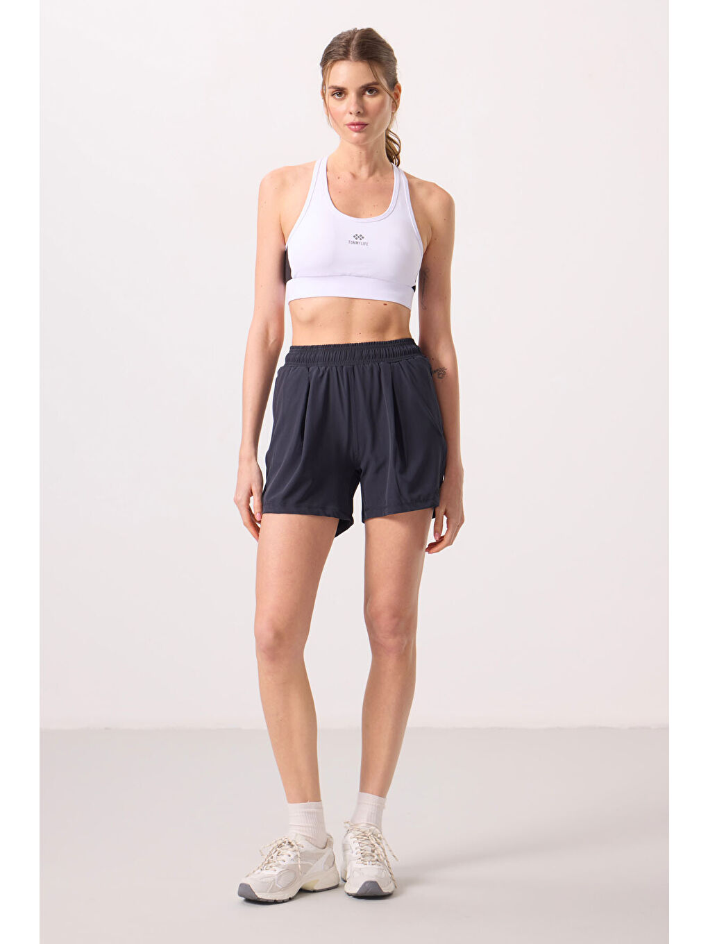 Antrasit Polyester Gizli Cep Fermuarlı Rahat Form Kadın Şort - 91014-5