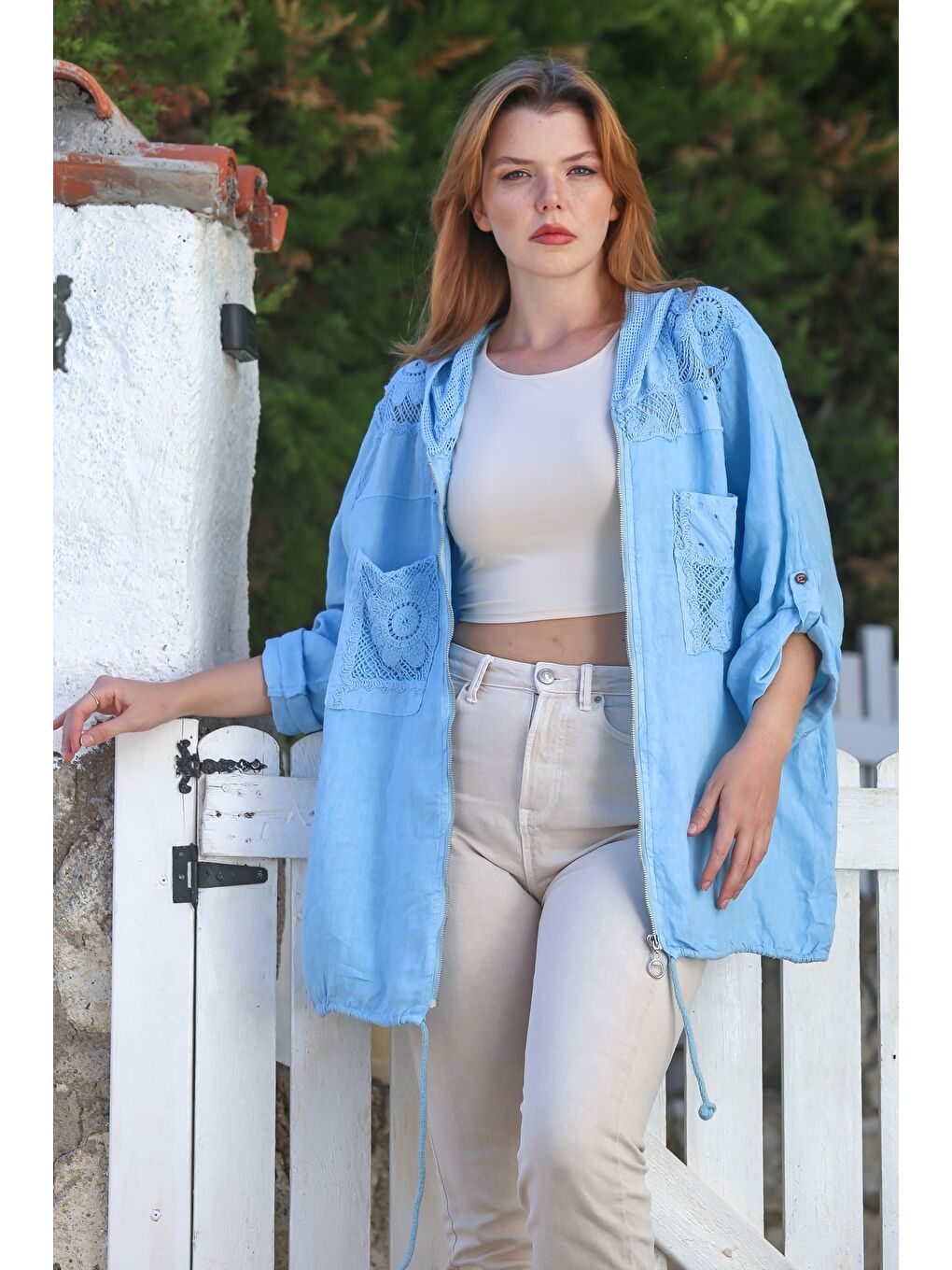 İtalyan Lavanta Mavisi Kapüşonlu Düğmeli Uzun Kollu Fermuarlı File Detaylı Keten Dokuma Ceket 75 65-2