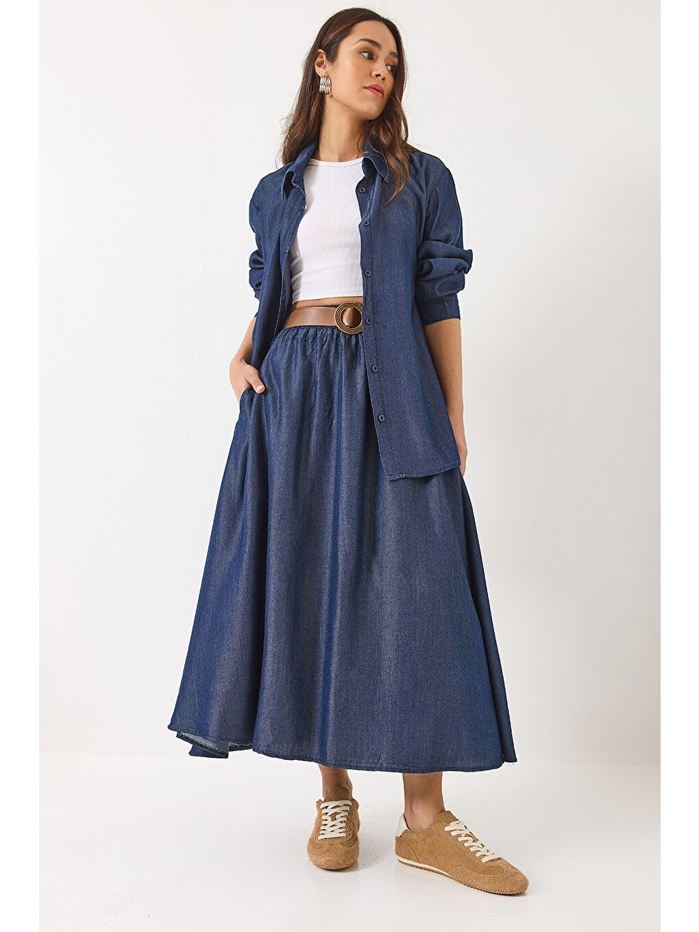 Lacivert Kadın Kloş Cep Detaylı Kemerli Etek Oversize Uzun Gömlek Yazlık Denim Alt-Üst Takım