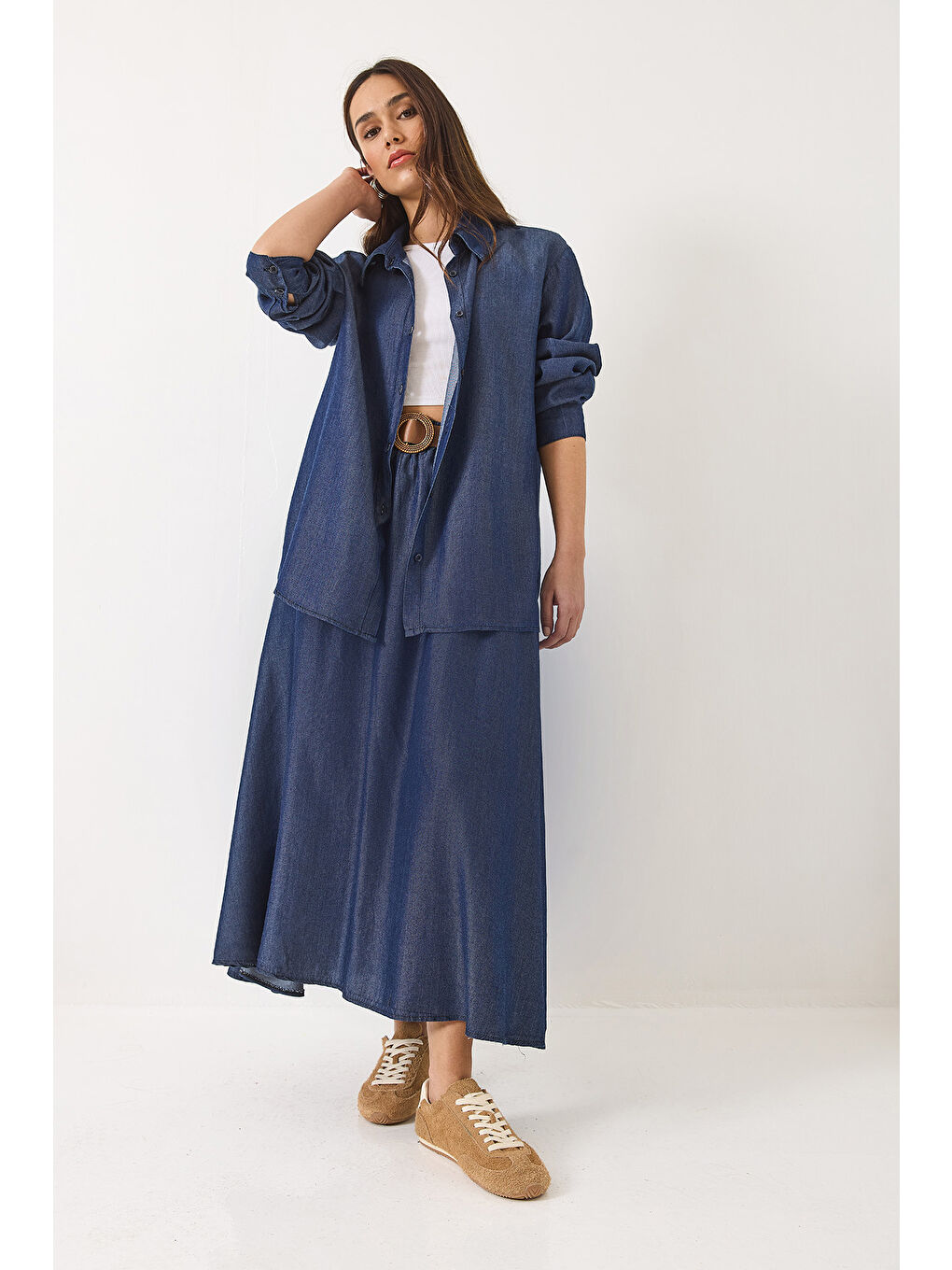 Lacivert Kadın Kloş Cep Detaylı Kemerli Etek Oversize Uzun Gömlek Yazlık Denim Alt-Üst Takım-1