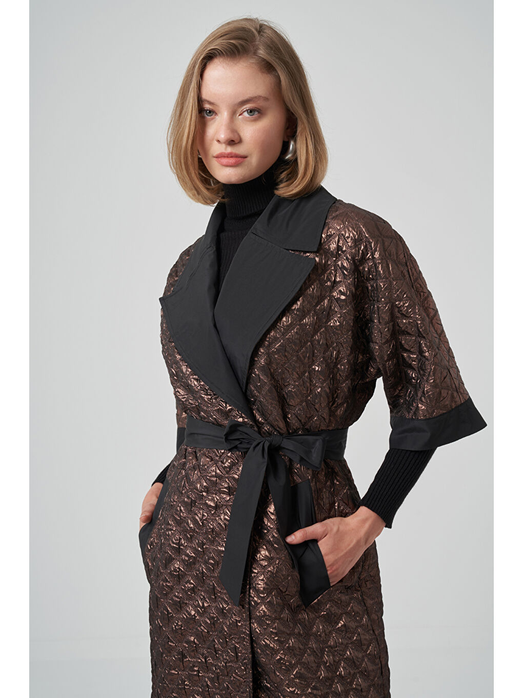 Turuncu Kemer ve Örme Kol Detay Kap Ceket 6014 Bakır-1