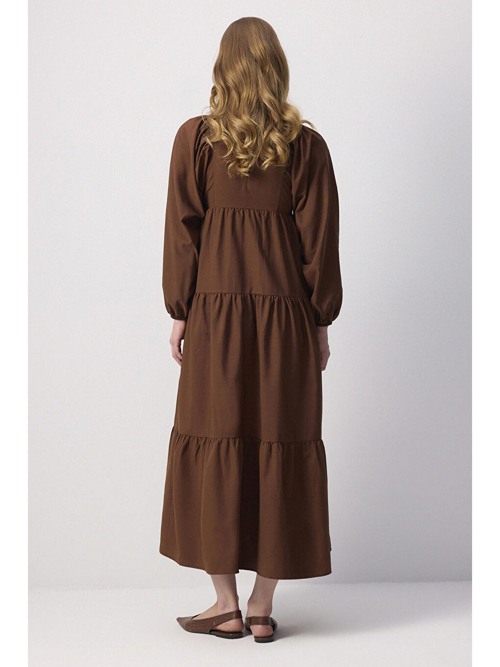 Kahverengi %100 Keten Büzgülü Elbise-3
