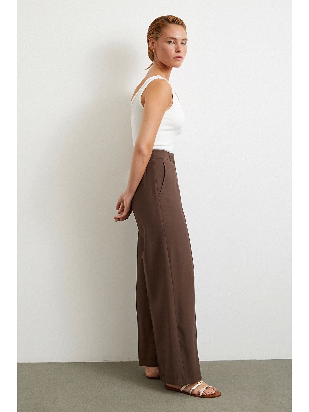 Karışık Geniş Paça Palazzo Pantolon Kahve-3