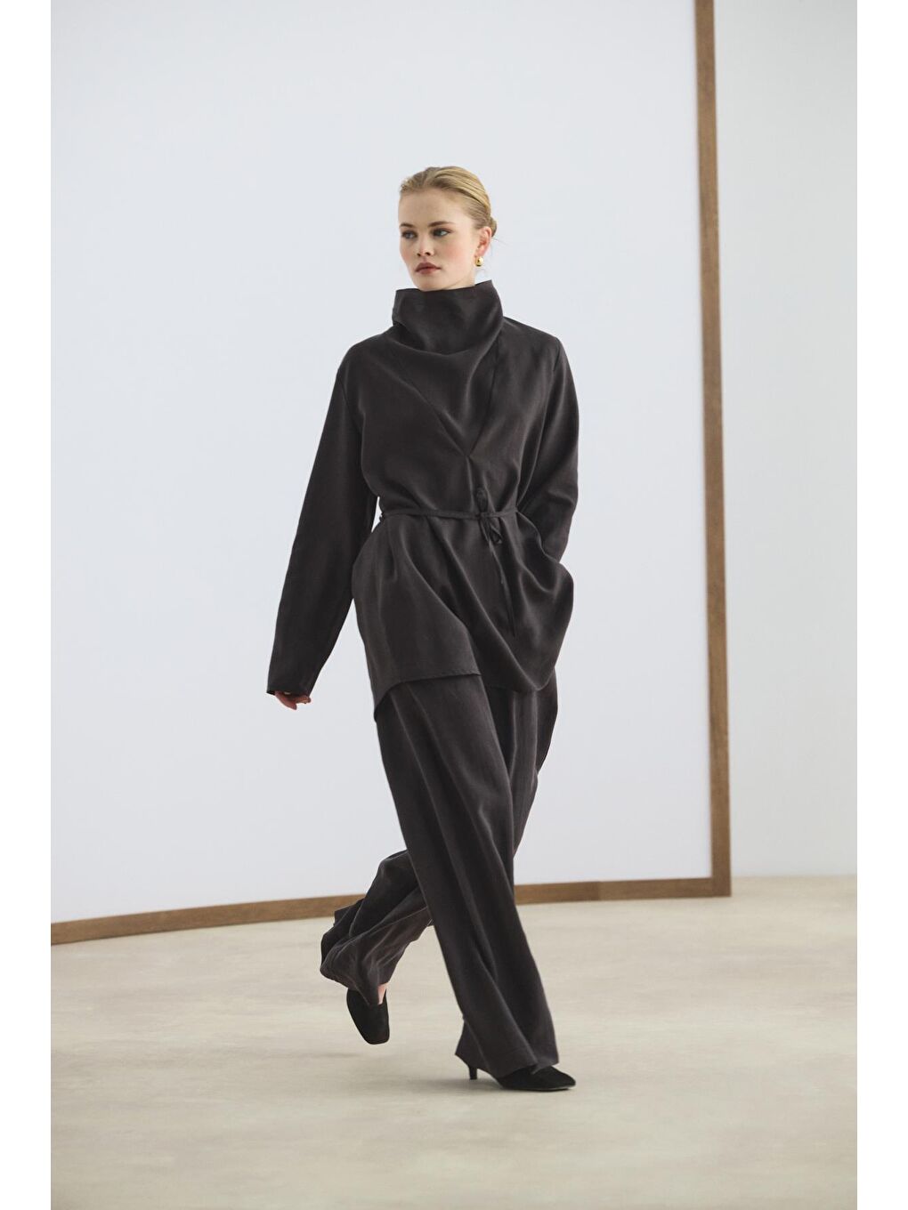 Kahverengi Drape Yaka Tunik Pantolon Takım Acı Kahve