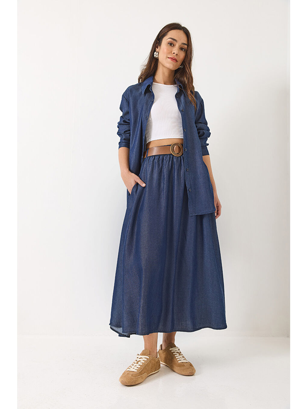 Lacivert Kadın Kloş Cep Detaylı Kemerli Etek Oversize Uzun Gömlek Yazlık Denim Alt-Üst Takım-3