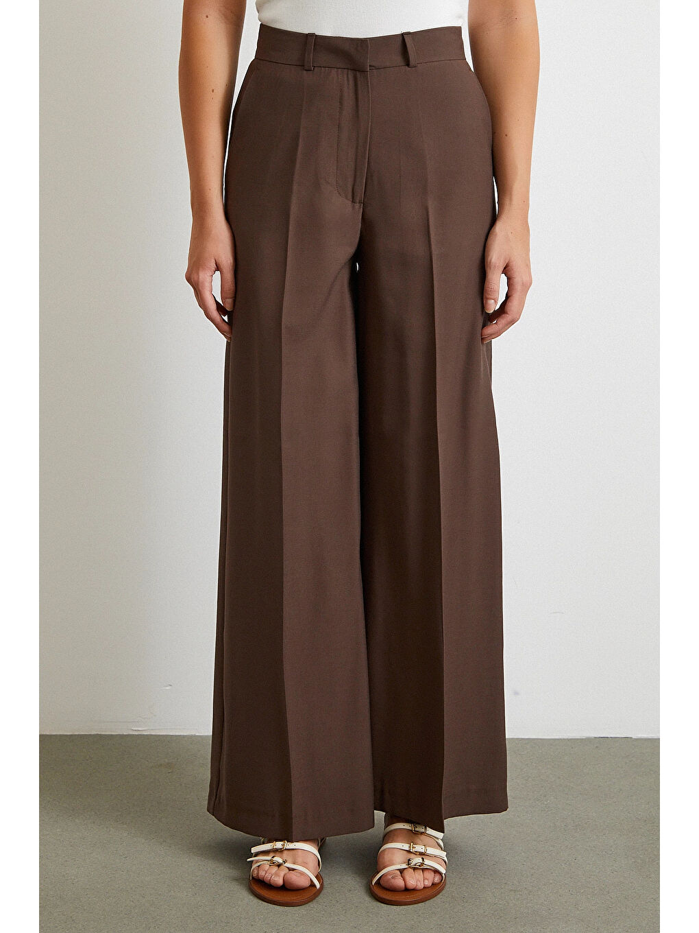 Karışık Geniş Paça Palazzo Pantolon Kahve-4