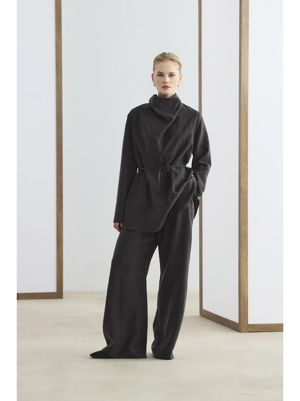 Kahverengi Drape Yaka Tunik Pantolon Takım Acı Kahve-1