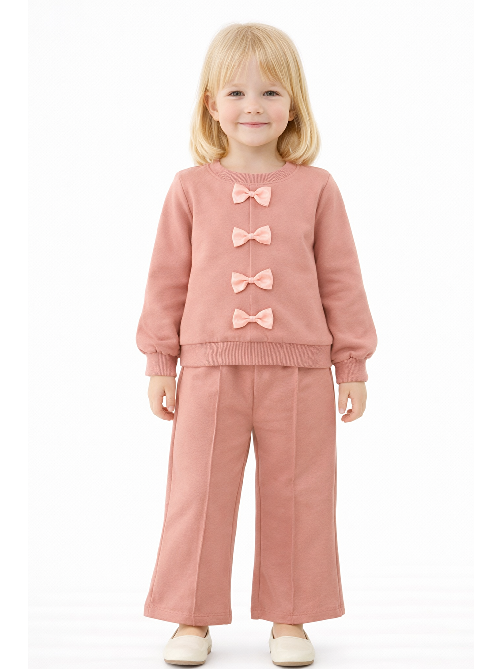Pembe Bisiklet Yaka Fiyonk Detaylı Gül Kurusu Renk Kız Çocuk Eşofman Takım
