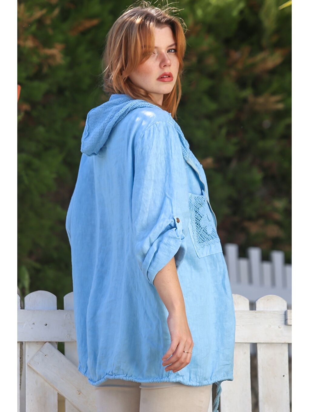 İtalyan Lavanta Mavisi Kapüşonlu Düğmeli Uzun Kollu Fermuarlı File Detaylı Keten Dokuma Ceket 75 65-6