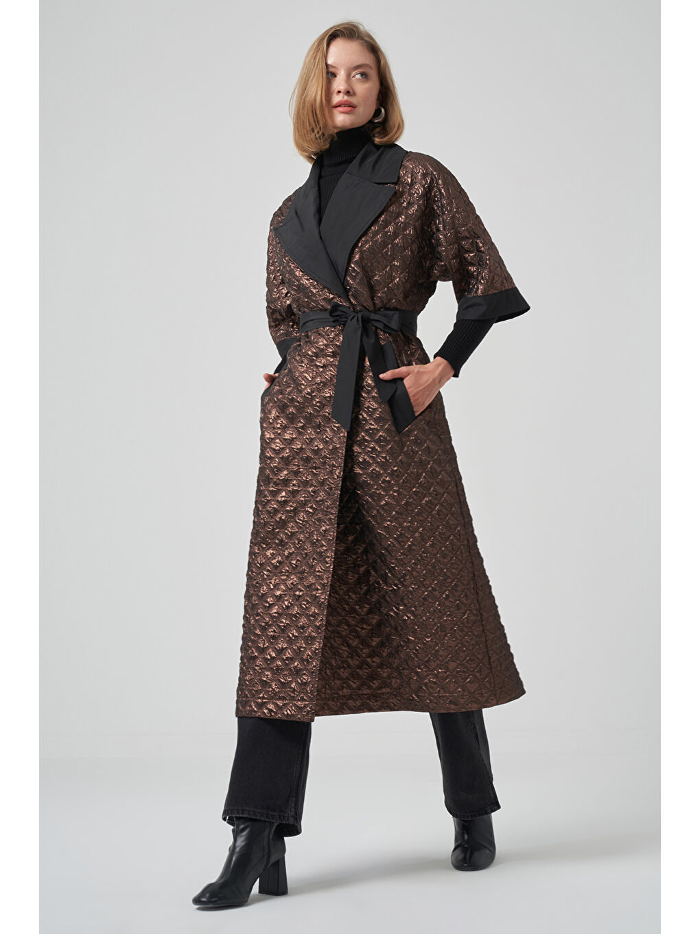 Turuncu Kemer ve Örme Kol Detay Kap Ceket 6014 Bakır-2