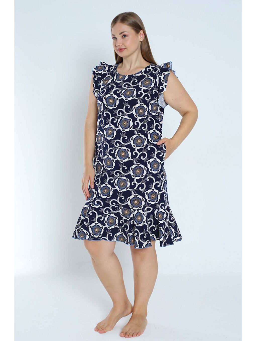 Lacivert kadın lacivert büyük beden desenli %100 pamuk cepli kolu ve eteği fırfırlı elbise-1