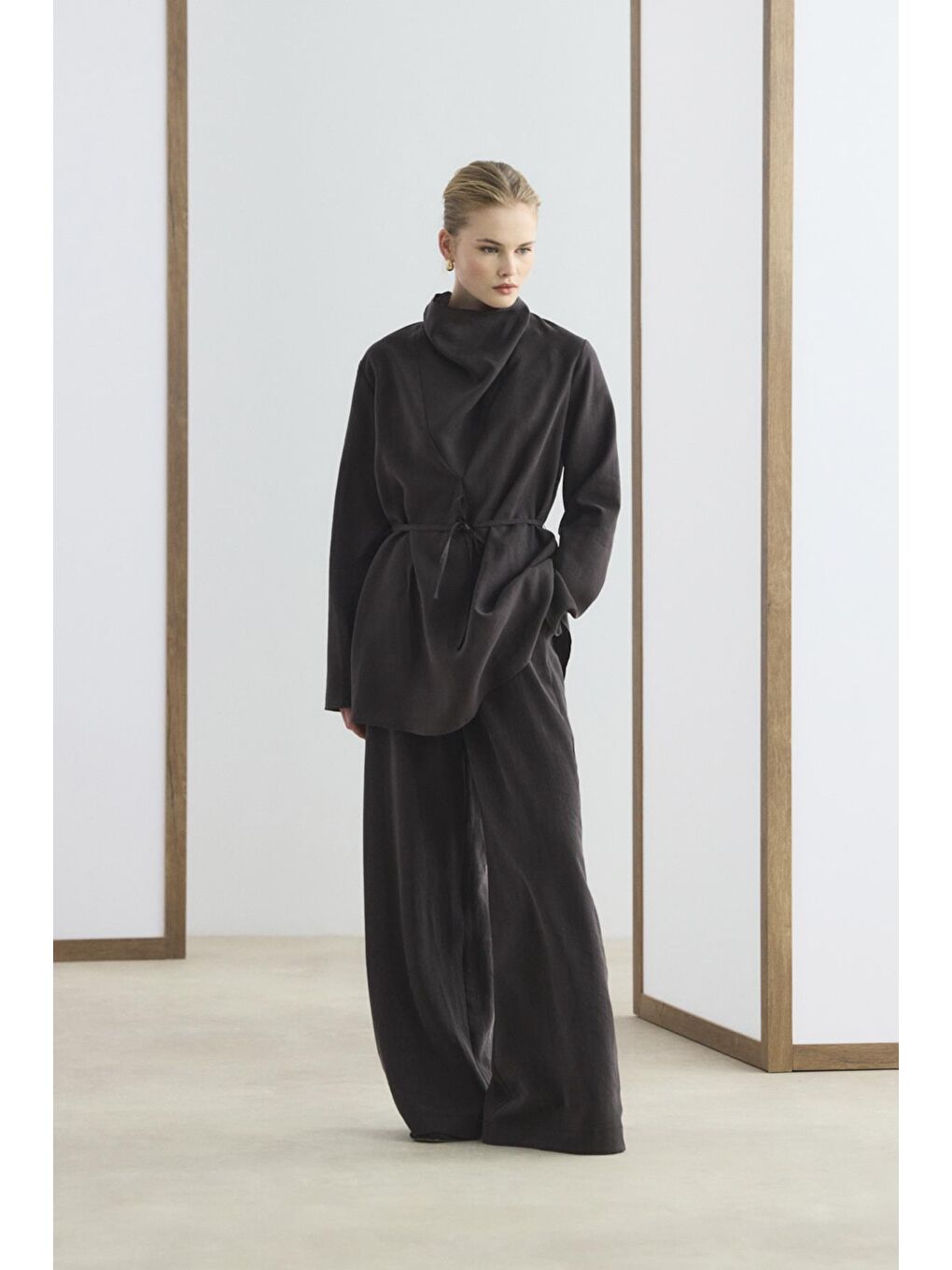 Kahverengi Drape Yaka Tunik Pantolon Takım Acı Kahve-3