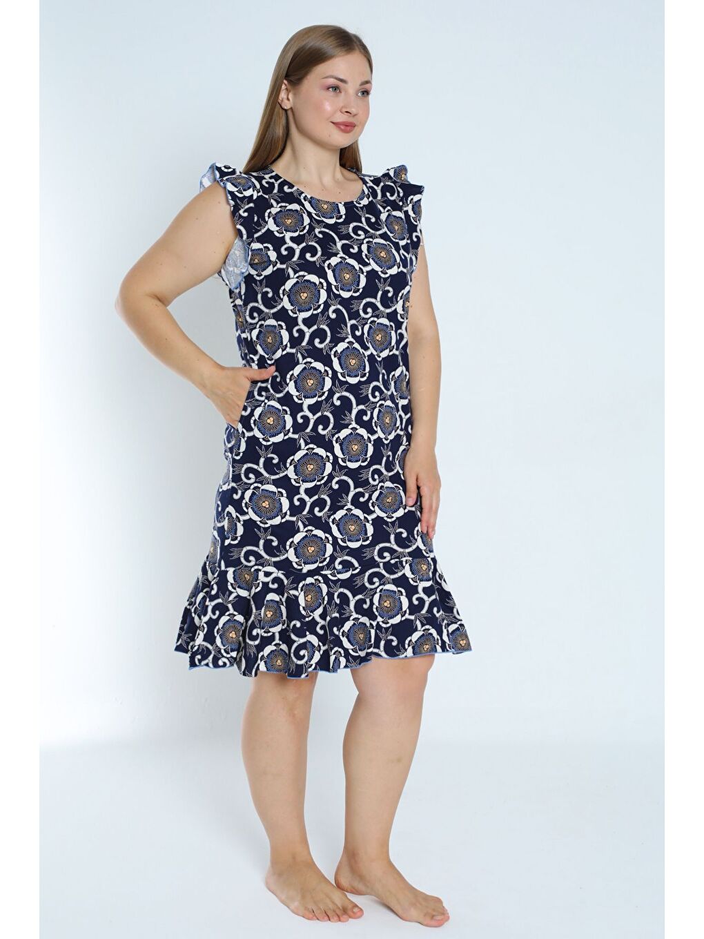 Lacivert kadın lacivert büyük beden desenli %100 pamuk cepli kolu ve eteği fırfırlı elbise-2