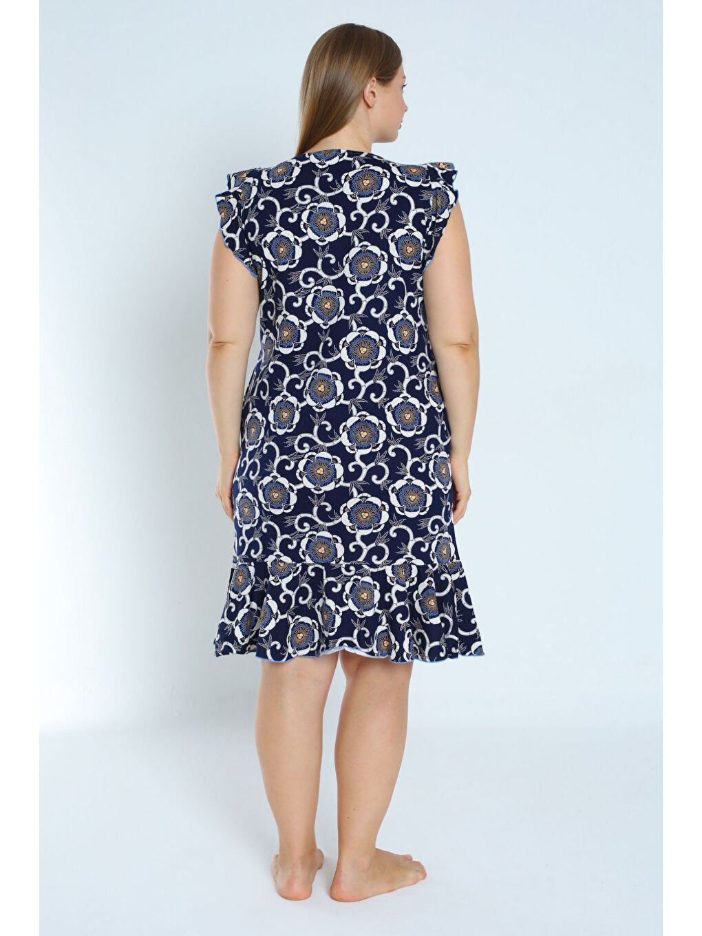 Lacivert kadın lacivert büyük beden desenli %100 pamuk cepli kolu ve eteği fırfırlı elbise-3