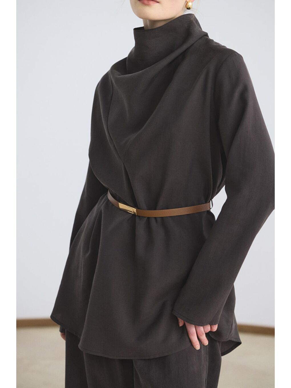 Kahverengi Drape Yaka Tunik Pantolon Takım Acı Kahve-4