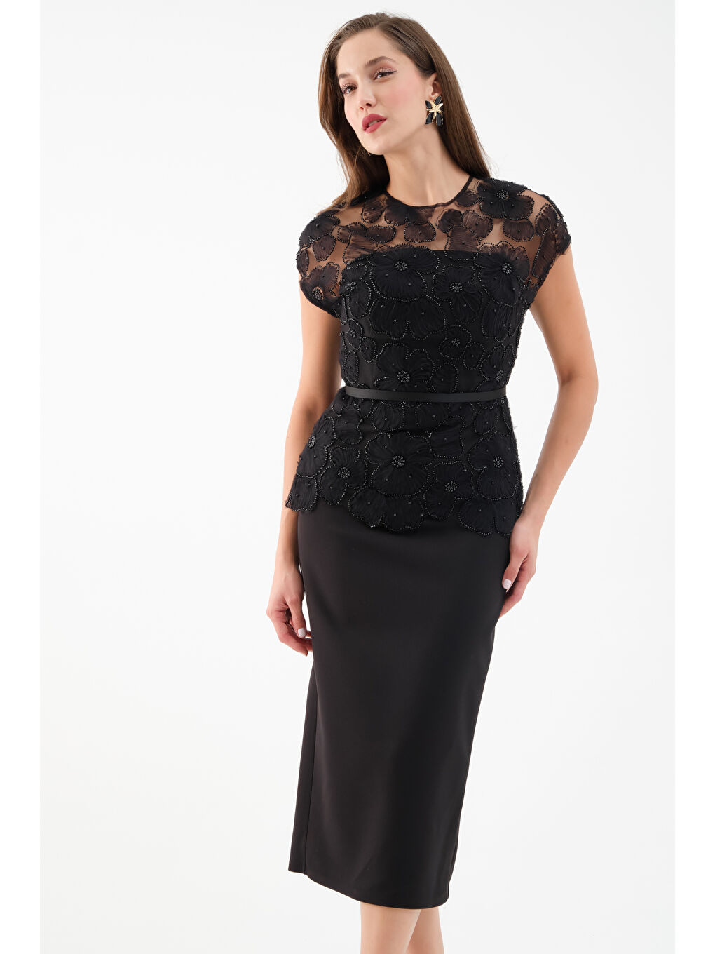 Kadın Siyah Dantelli Midi Abiye Elbise-2