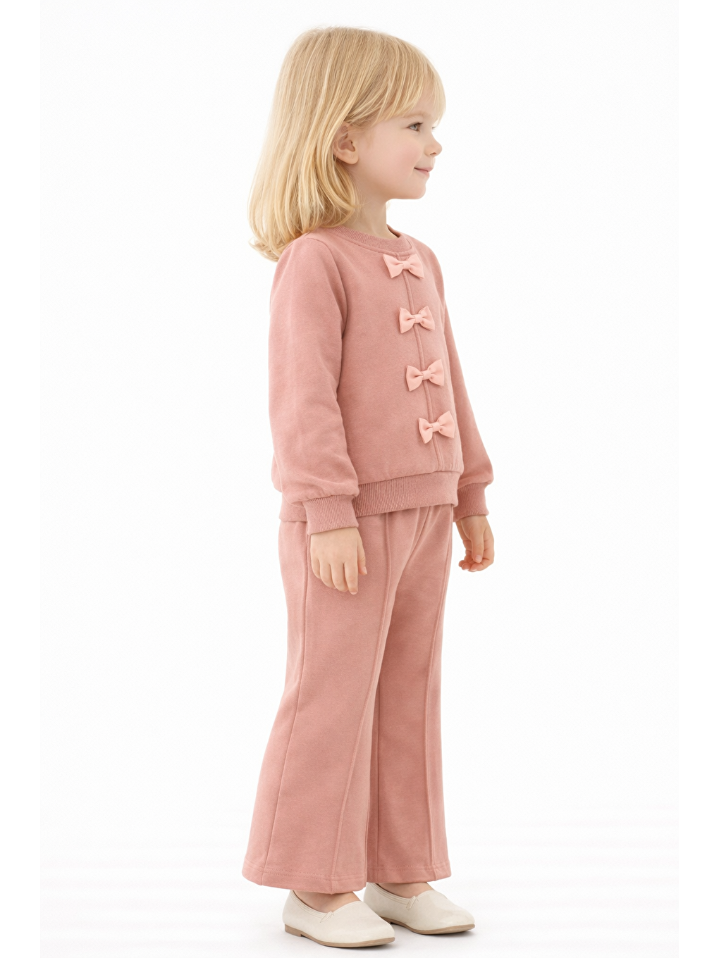 Pembe Bisiklet Yaka Fiyonk Detaylı Gül Kurusu Renk Kız Çocuk Eşofman Takım-1