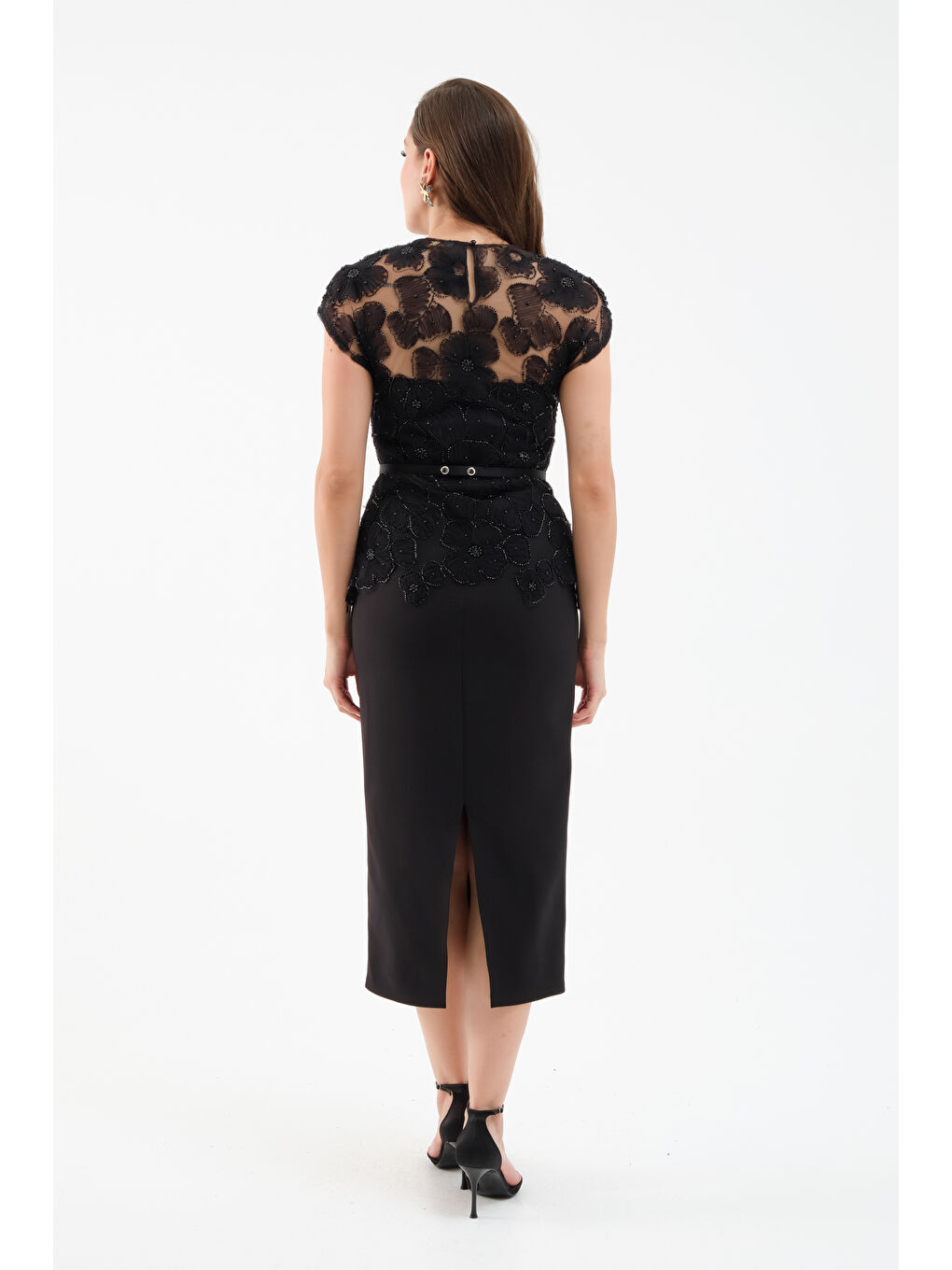 Kadın Siyah Dantelli Midi Abiye Elbise-4